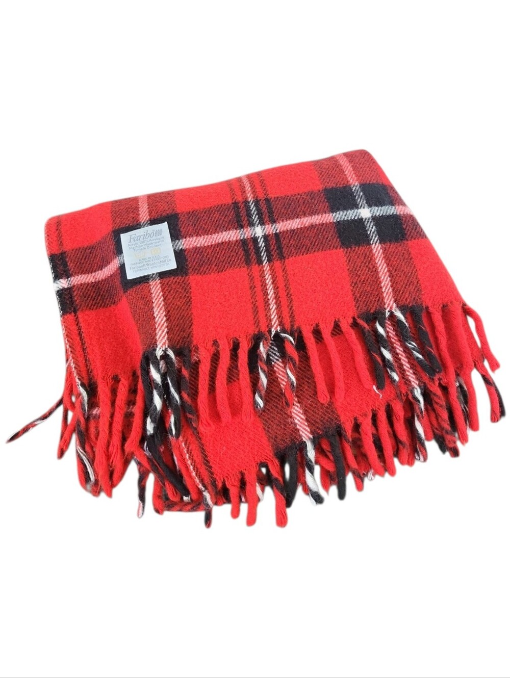 Vintage Faribo Red Plaid Camp Lodge Picnic Fringe Blanket 54" X 42"
